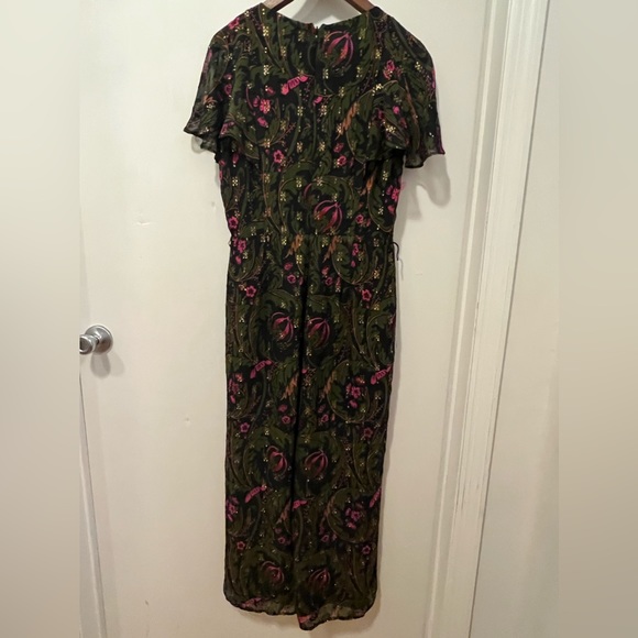 Anthropologie Ett Twa Brenda Jumpsuit Green Gold Floral Flutter Sleeve Size 8 - Picture 4 of 16